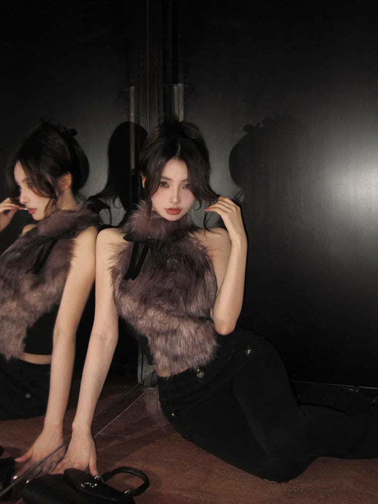 Faux Fur High Collar Sleeveless Camisole Tank Top