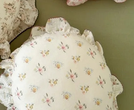 INS Round Ruffle Edge Floral Throw Pillow Stuffed Cushion Girl Heart Sweet Princess Cotton Home Bed Sofa Decor Cushion Headrest