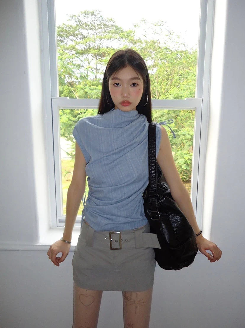 Striped Irregular Drawstring Lace Up High Neck Tees