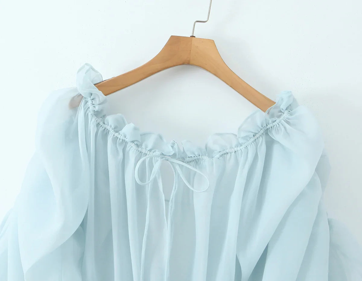 Mesh Long Sleeve Drawstring Chiffon Off Shoulder Mini Dress