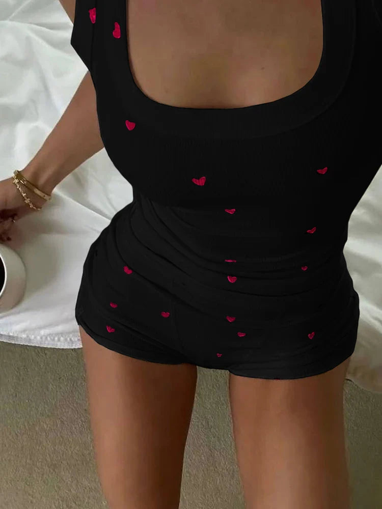 Heart Print Ribbed Tank Top And Boxer Shorts Set