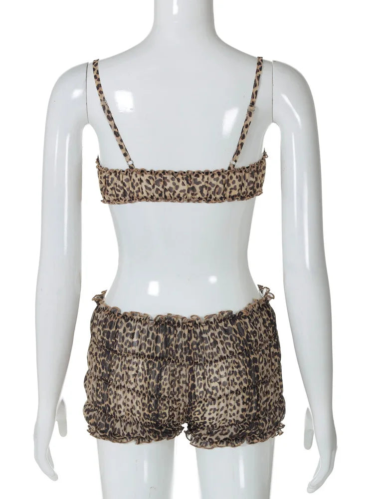 Leopard Print Ruffles Cami Bra Top and Shorts Set
