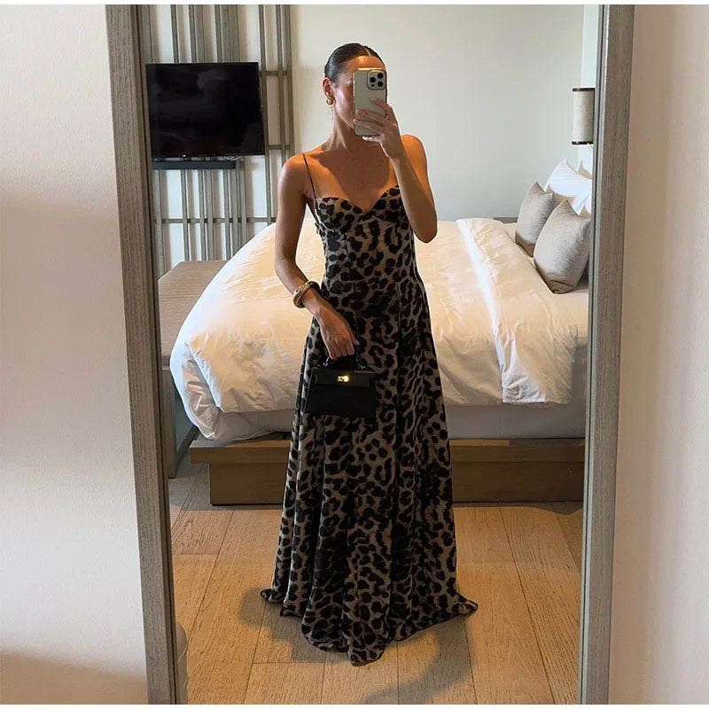 Leopard Sling Strap Long Dress