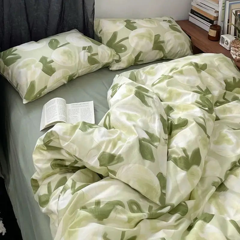Floral Duvet Cover Set Ins Style Flat Sheet Pillowcases Single Double Size Bedding Kit No Filler Girls Boys Home Decoration