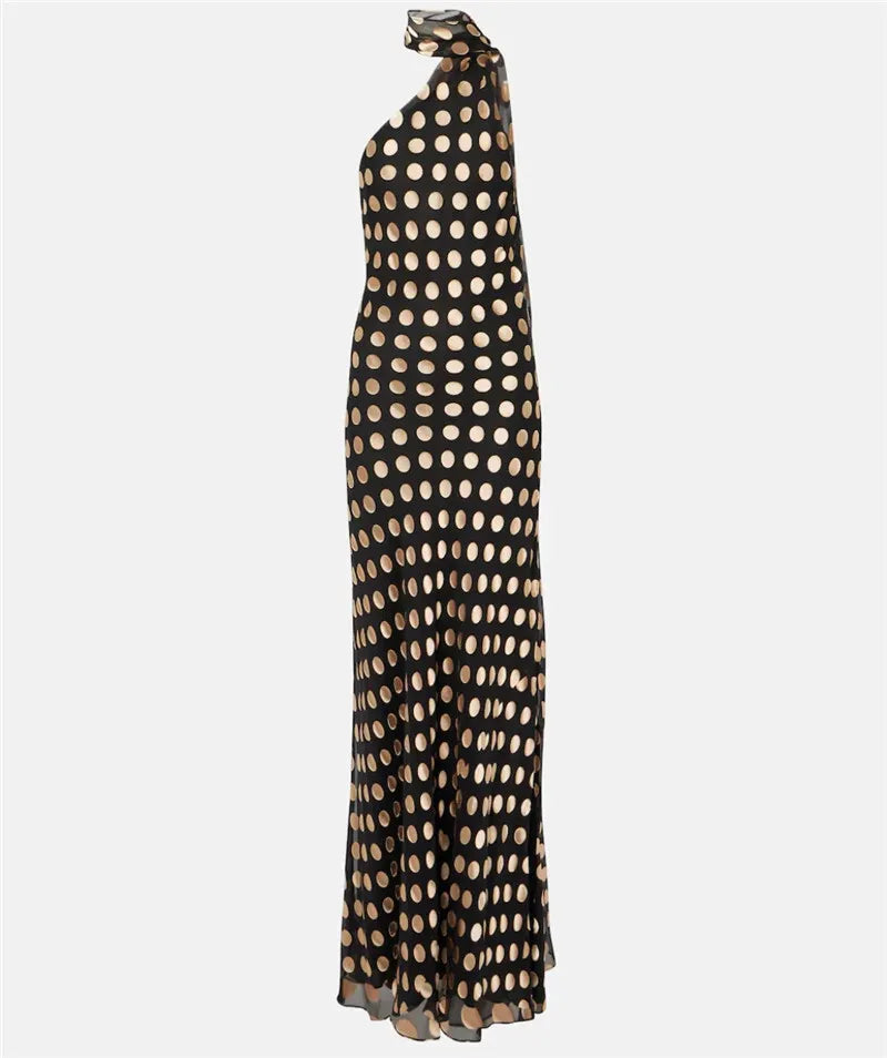 Black Polka Dot Halter Drape Midi Dress