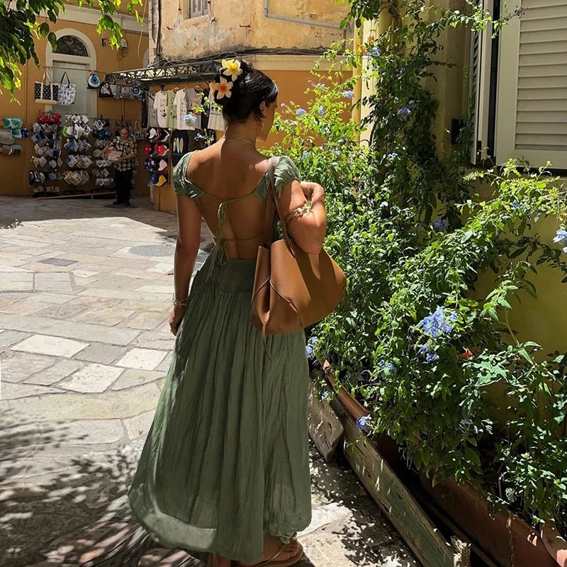 Green Open Back Short Sleeve Maxi Dress