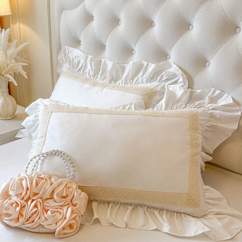 4/6Pcs Vintage French Double Layer Ruffles Princess Wedding 100% Cotton Bedding Set Duvet Cover Bed Skirt Bedspread Pillowcases