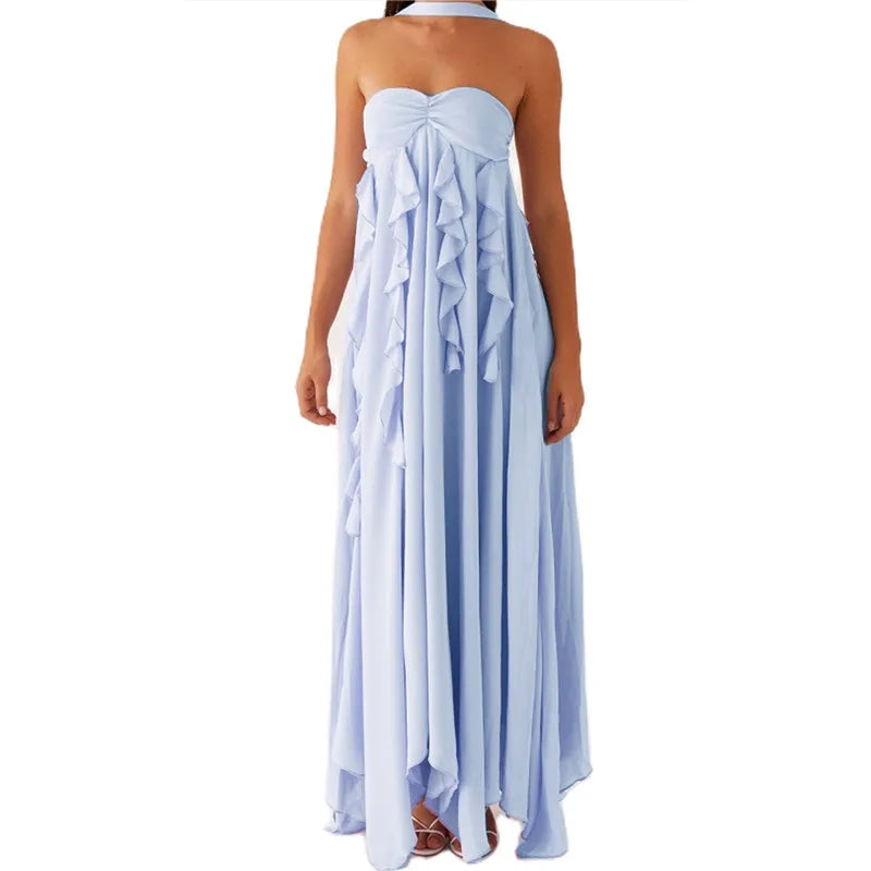 Ruffle Trim Sleeveless A-line Long Dress - Beach Style