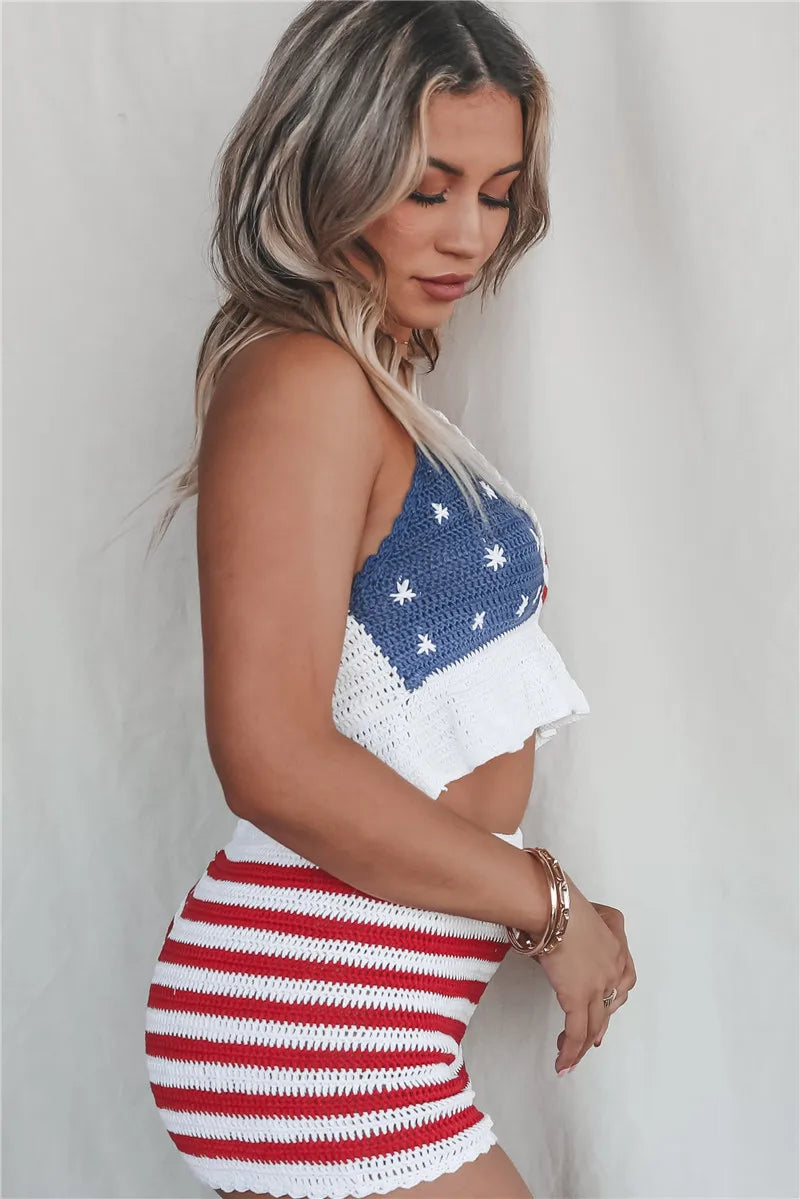 American Flag Knit Halter Crop Top And Shorts Set