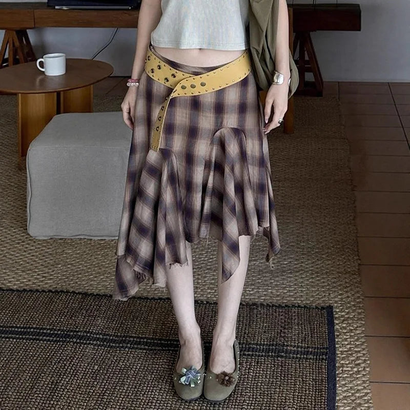 Irregular Hem Plaid Printed Midi Skirt