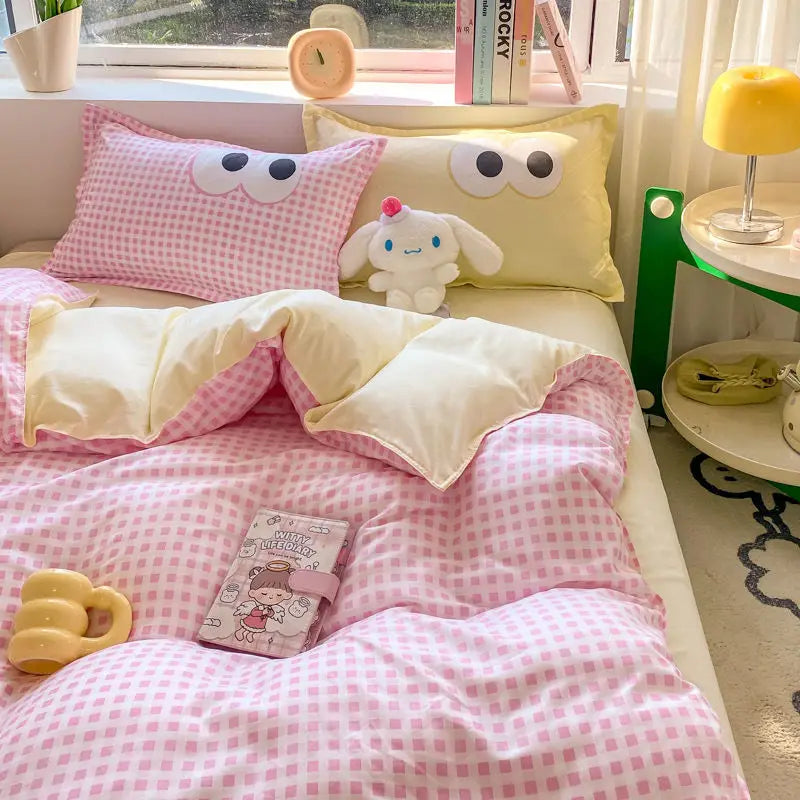 Cute Eyes Duvet Cover Set No Filler Queen Single Szie Soft Pillowcases Flat Sheet Boys Girls Gift Home Decoration Bed Linens