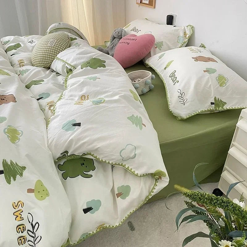 Bedding Set Girls Cherry Soft Washed Cotton Bed Sheet Queen King Size Duvet Set Comforter Set Pillowcase Bed Linens