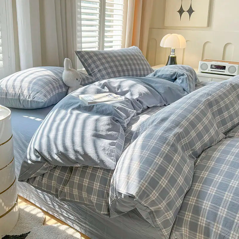 Classic Plaid Bedding Set Grey Pink Ins Twin Queen Duvet Cover Flat Sheet Pillowcase No Filler Girl Boys Hotel Home Bed Linens