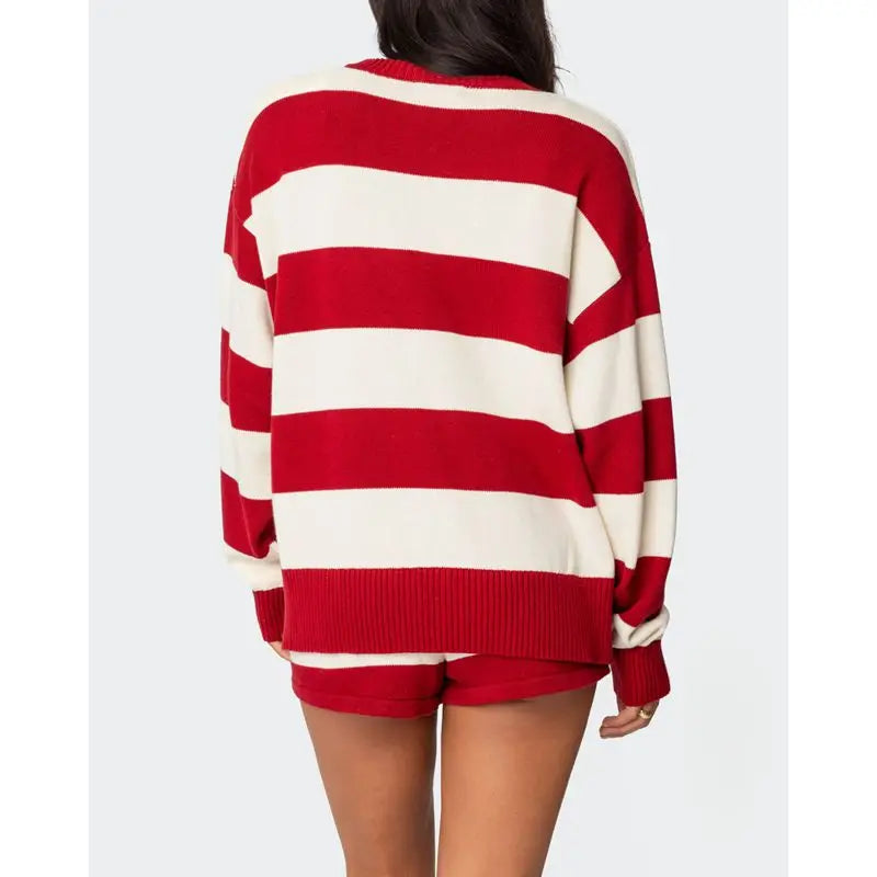 Knitwear Striped Long Sleeve Pullover And Drawstring Shorts
