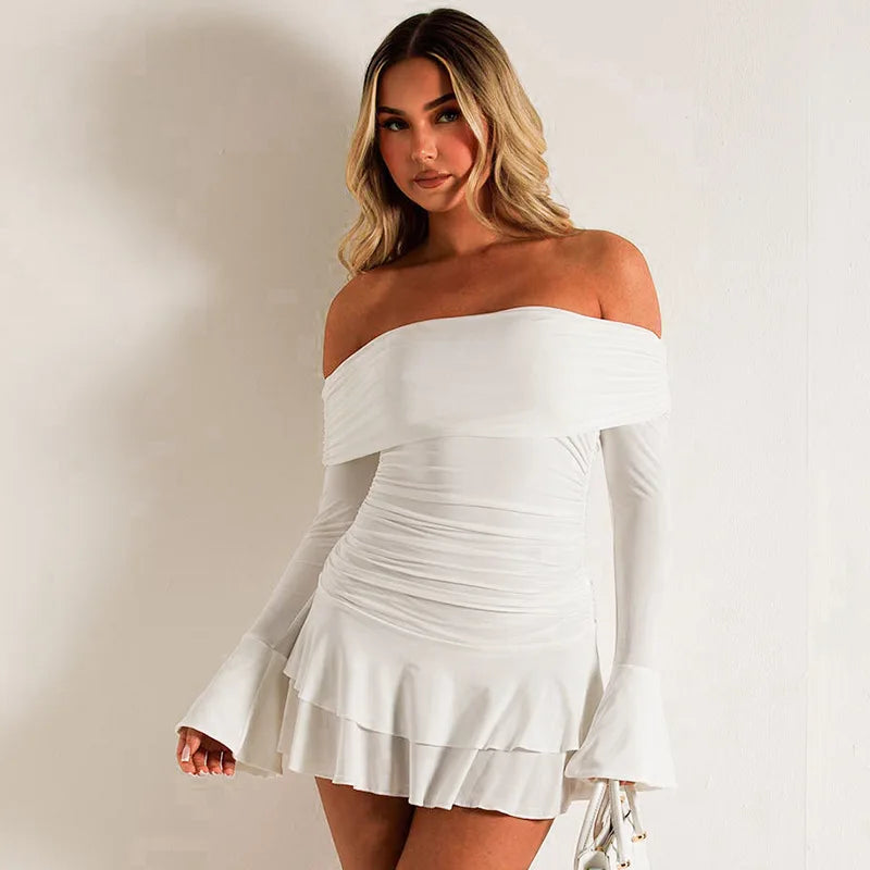 Long Sleeve Off-shoulder Ruched Frill Mini Dress