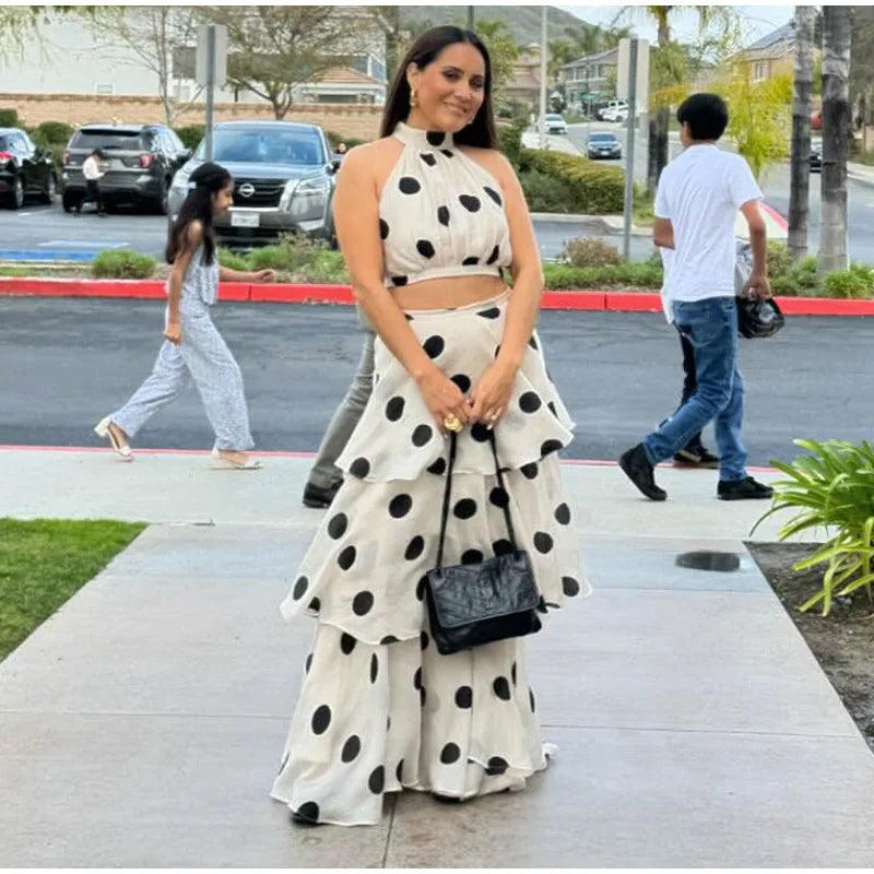 Sleeveless Polka Dot Crop Top And Multi-Layer Ruffles Skirt Set