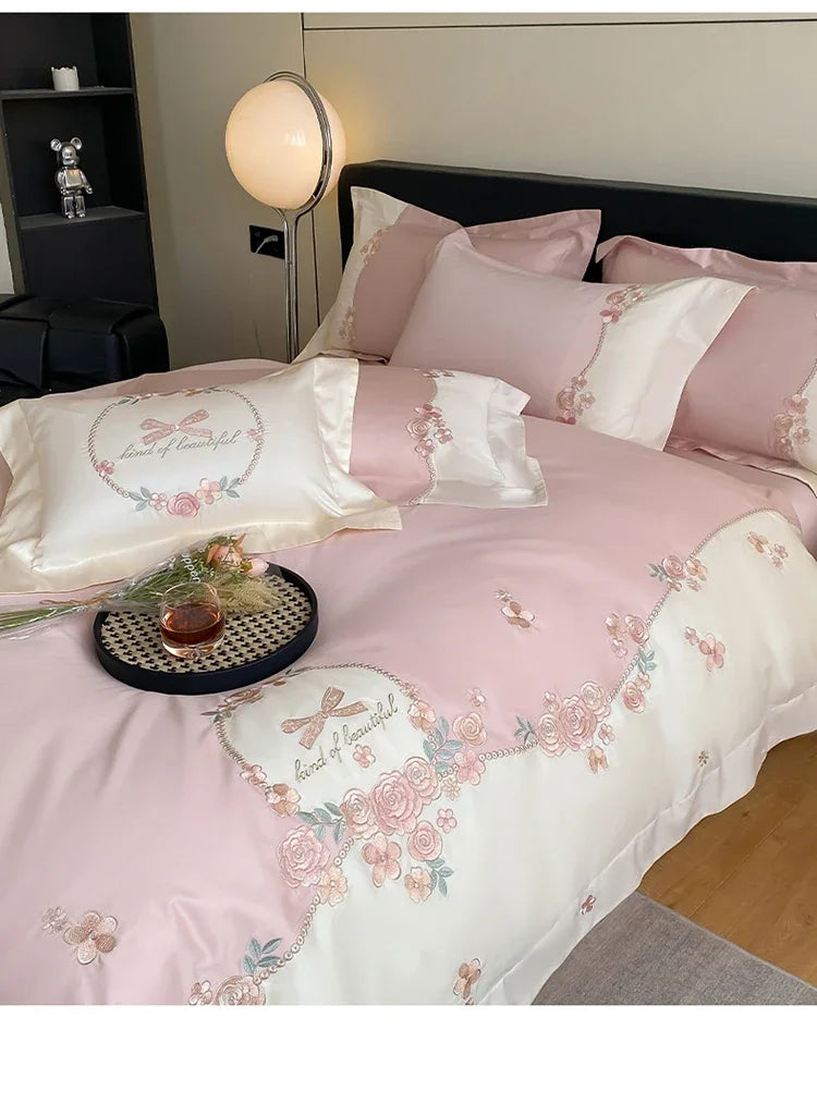 4pcs/Set Class A Grade High-end 200s Long-staple Pure Cotton Embroidery Quilt Covers Pillowcases Sheet Bedding Set