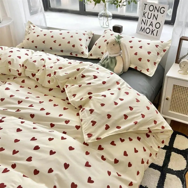 Duvet Cover Set for Boys and Girls, Cute Sweetheart, Flat Sheet, Pillowcase, Floral Bed Linen, Twin Queen Size, Home Bedding Kit