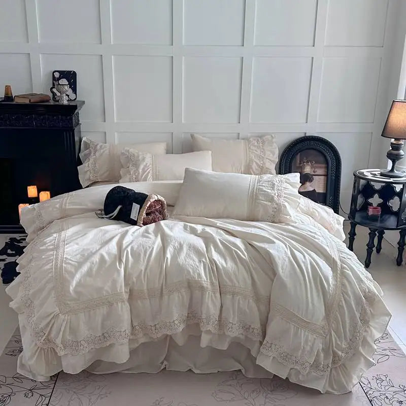 Pink Luxury Princess Wedding Lace Ruffles 100% Cotton Bedding Set Duvet Cover Bed Sheet/Bed Skirt/Fitted Sheet Pillowcases 4Pcs