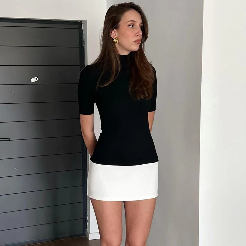 Black And White Contrast High Neck Mini Dress