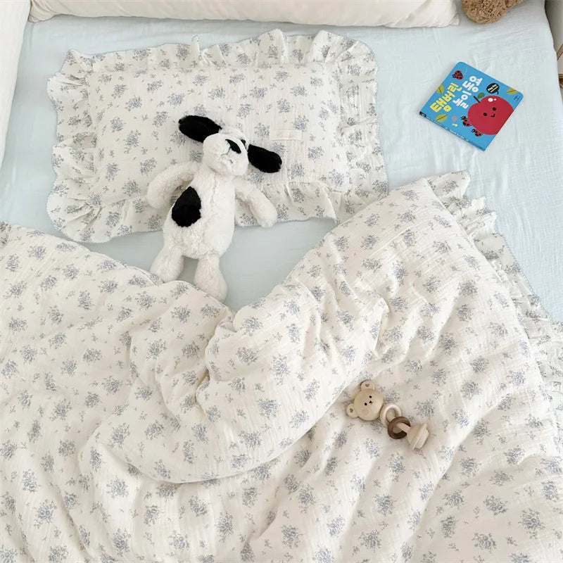 Korean Baby Girl Crib Bedding Set Bunny Rose Cherry Floral Cotton Muslin Cot Bedding Kit Duvet Cover Pillowcase No Filler