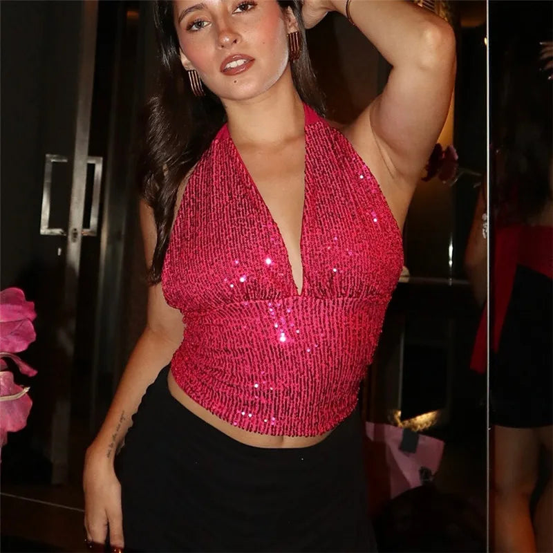 Sequin Halter Tie Up Crop Top