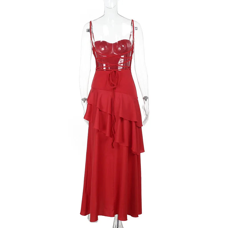 Red Ruffled Maxi Dress �Lace-Up Strappy Back