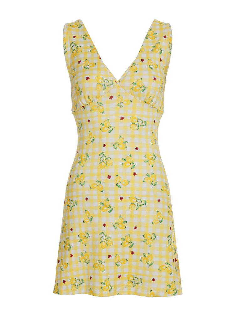 Yellow Fruit Print V-Neck Mini Dress