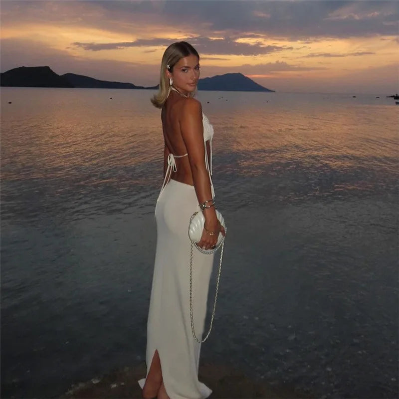 Flower White Knitted Bikini Top Low Waisted Wrap Long Skirt Set