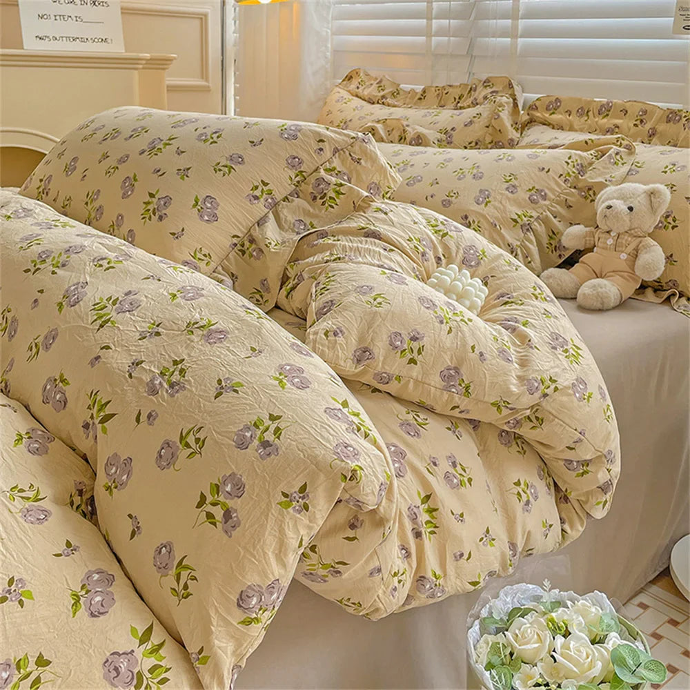 Fresh Plant Flower Bed Sheet for Children and Adults Four-Piece Bed Set Pillowcases Soft Washed Cotton Home Textiles