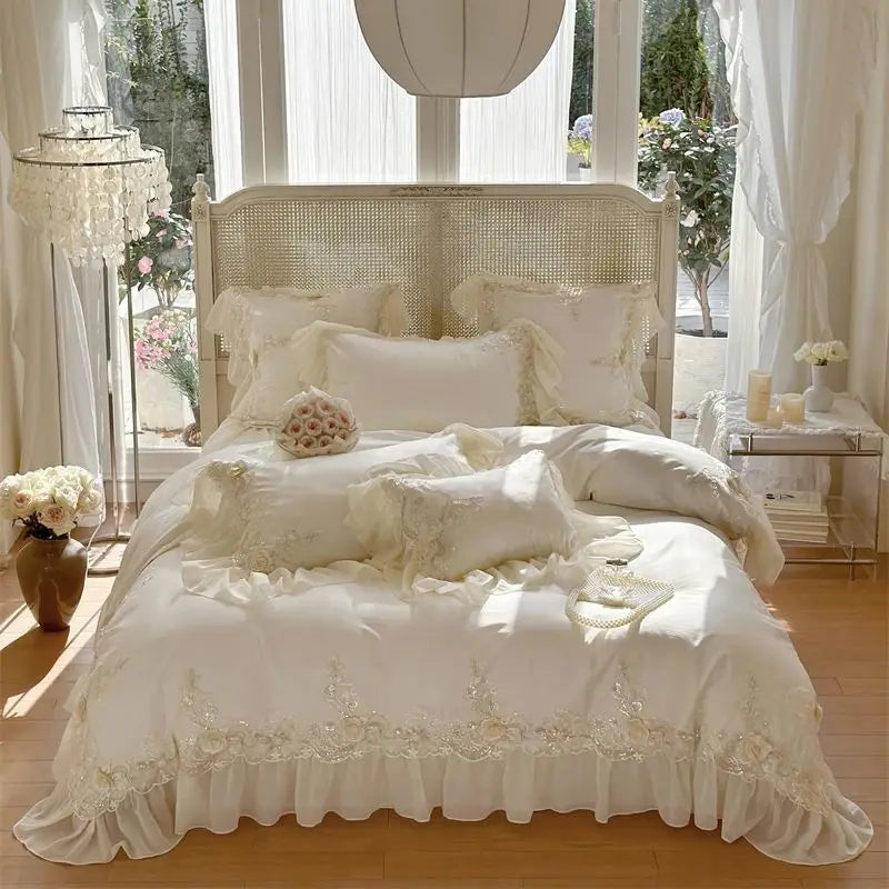 Egyptian Cotton Wedding Bedding Set, Romantic French Lace Ruffles, Flowers Embroidery, Duvet Cover, Bed Sheet, Pillowcases