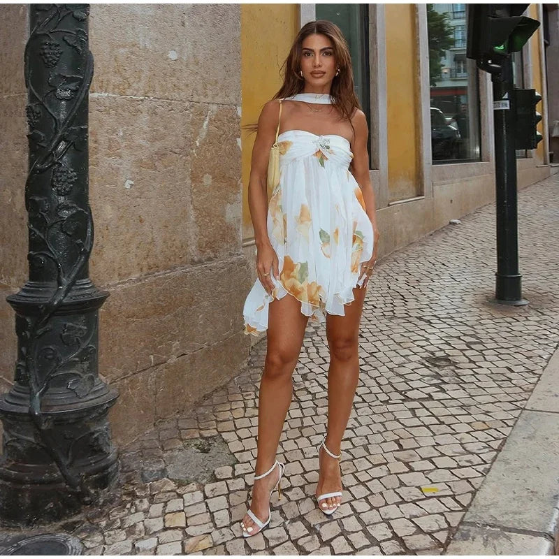 Ruffles Sleeveless Printed Scarf Collar Mini Dress