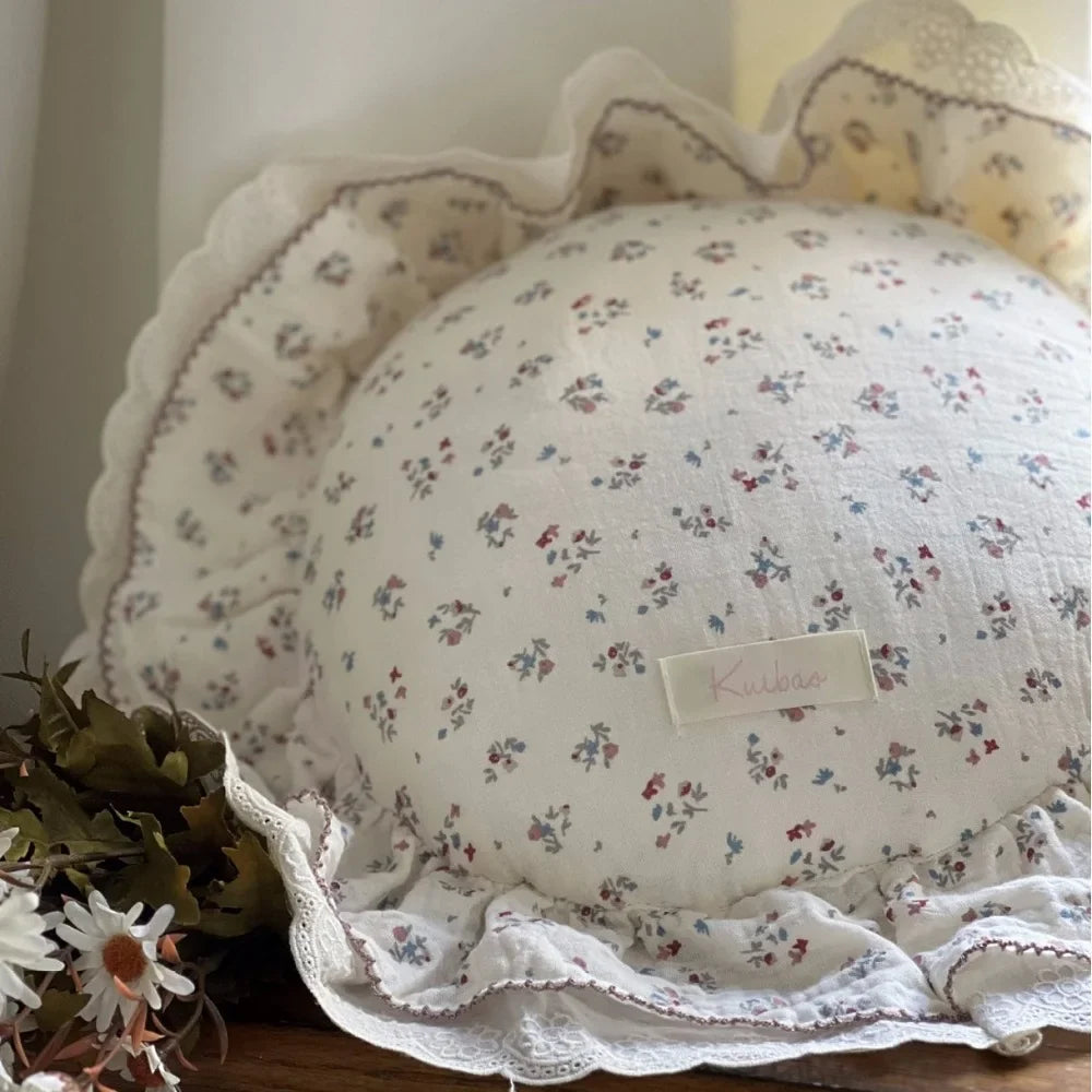 INS Round Ruffle Edge Floral Throw Pillow Stuffed Cushion Girl Heart Sweet Princess Cotton Home Bed Sofa Decor Cushion Headrest