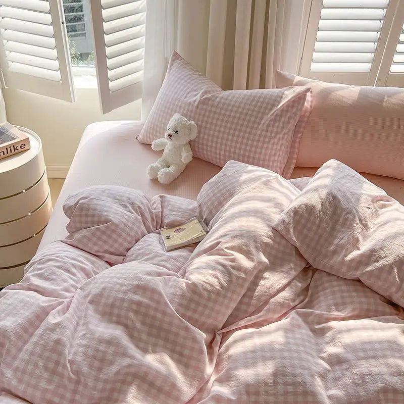 Classic Plaid Bedding Set Grey Pink Ins Twin Queen Duvet Cover Flat Sheet Pillowcase No Filler Girl Boys Hotel Home Bed Linens
