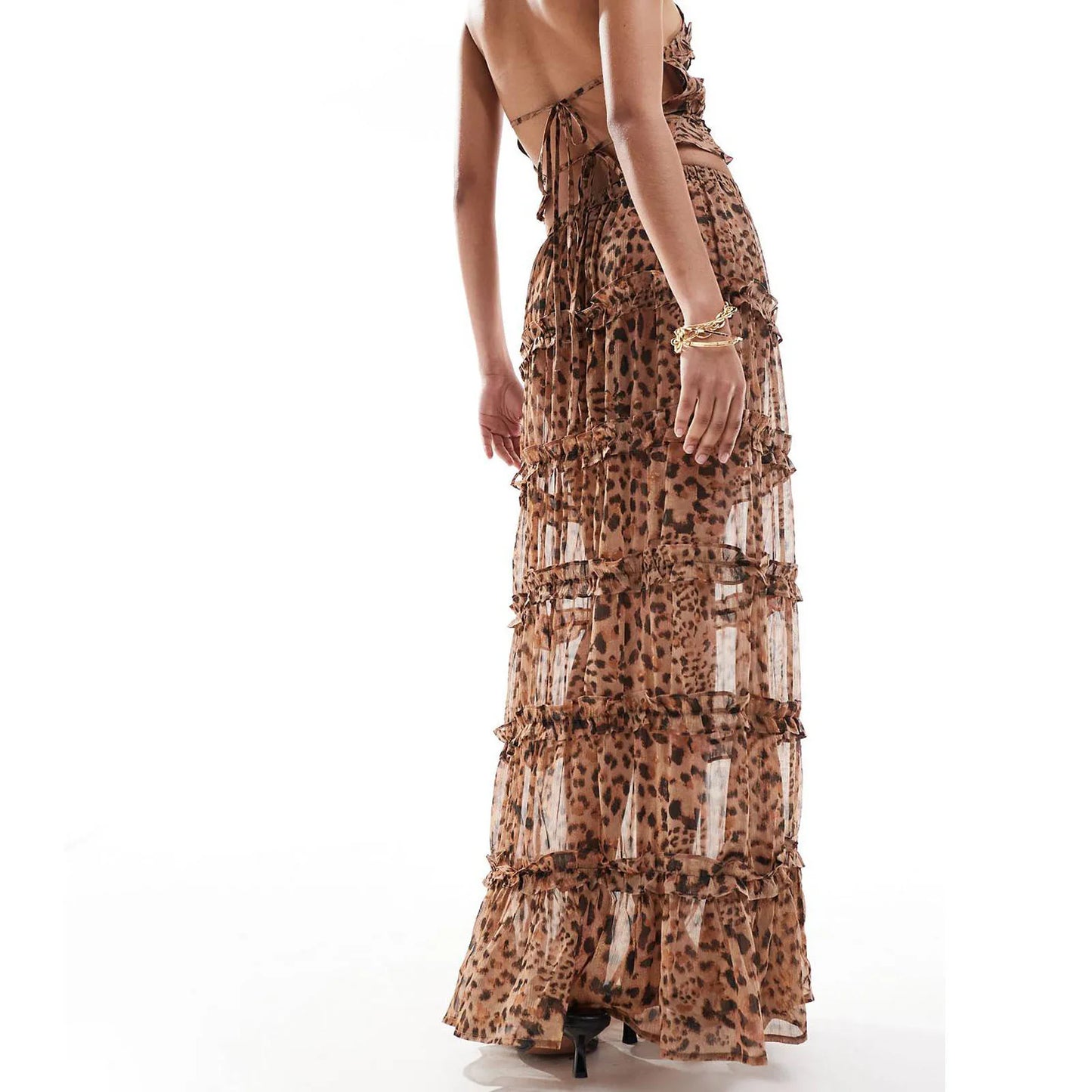 Leopard Sheer Halter Neck Backless Ruffled Tank Top+Drawstring Waist Long Skirt Set