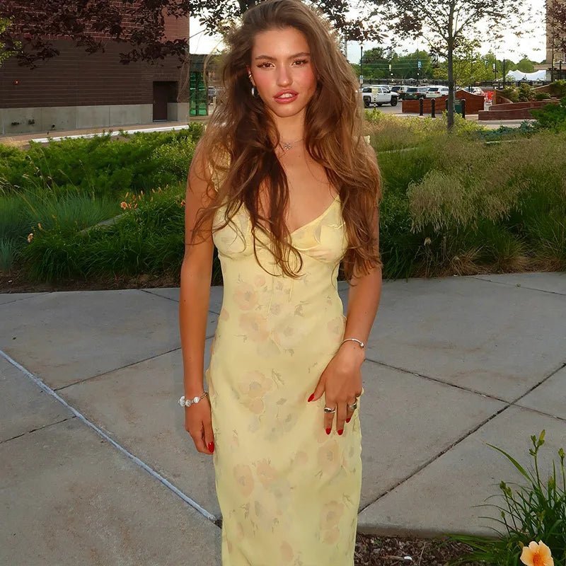Yellow Floral Frill Strap Midi Dress