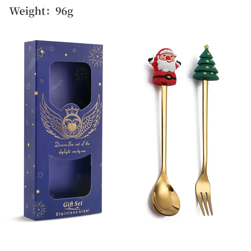 6/4/2PCS Christmas Gift Glod Spoon Fork Set Elk Christmas Tree Decoration Dessert Scoop Fruit Fork Coffee Spoon Cutlery Set
