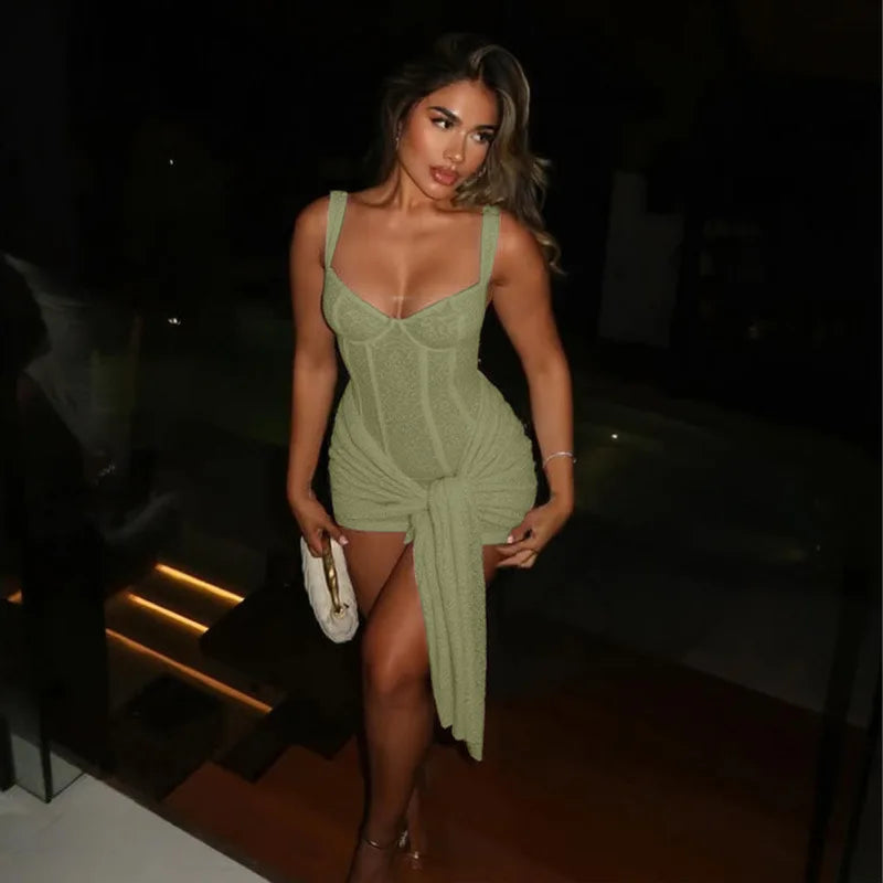 Lace Sheer Bandage Tie Up Mini Dress