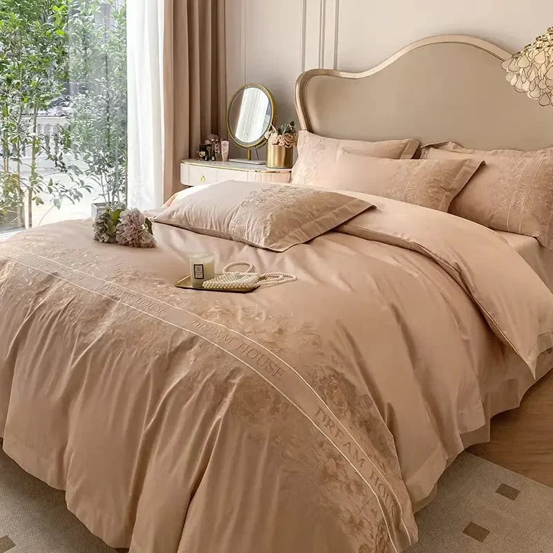 High-end 180S Long-staple 100% Cotton Embroidery Quilt Cover Fitted Sheet Autumn and Winter Light Luxury Comforter Bedding Sets
