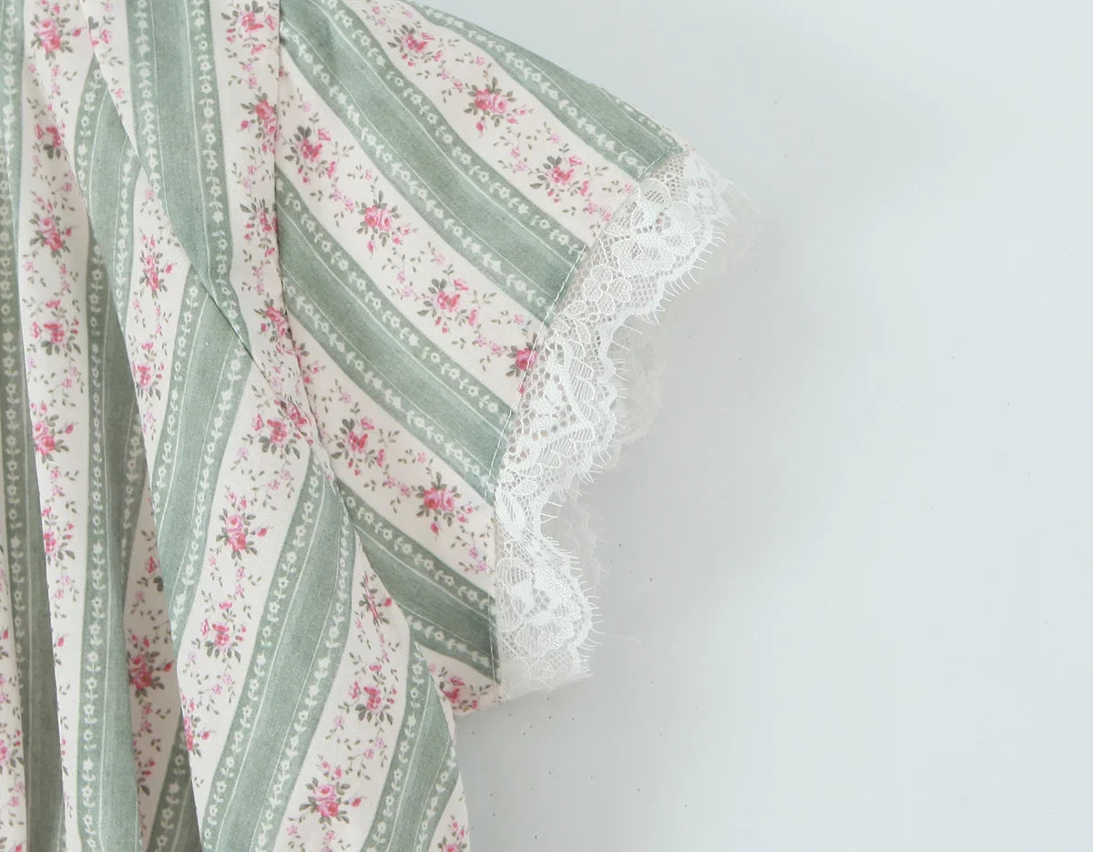 Green Striped Floral Print Short Sleeve Mini Dress