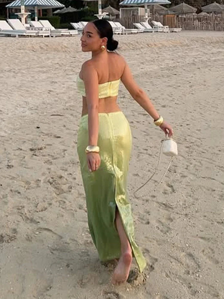 Green Ombré Starfish Sequin Bralette And Maxi Skirt Set