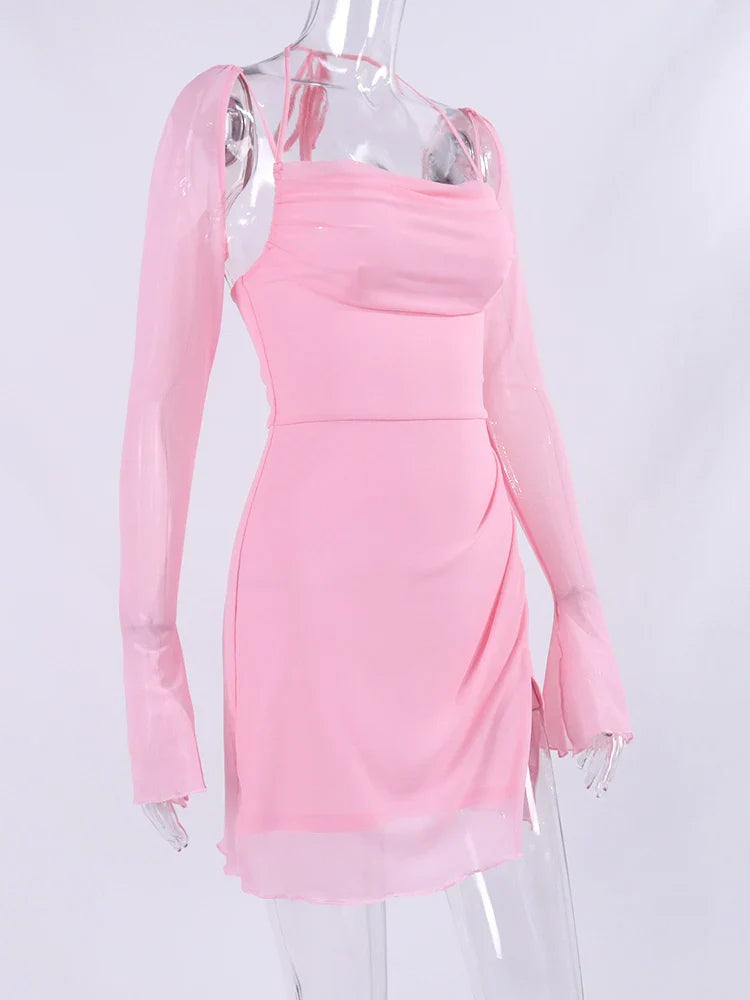 Mesh Long Sleeve Strappy Mini Dress