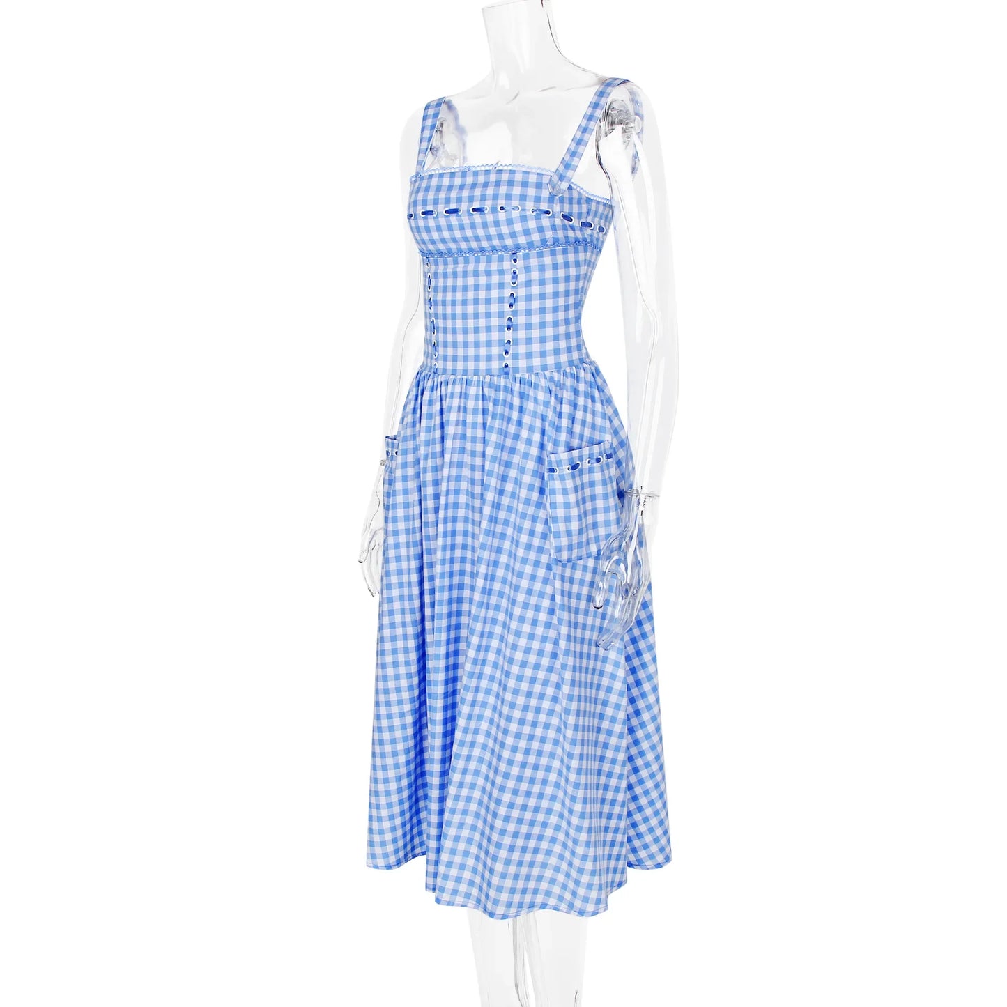 Blue Gingham Strap Midi Dress