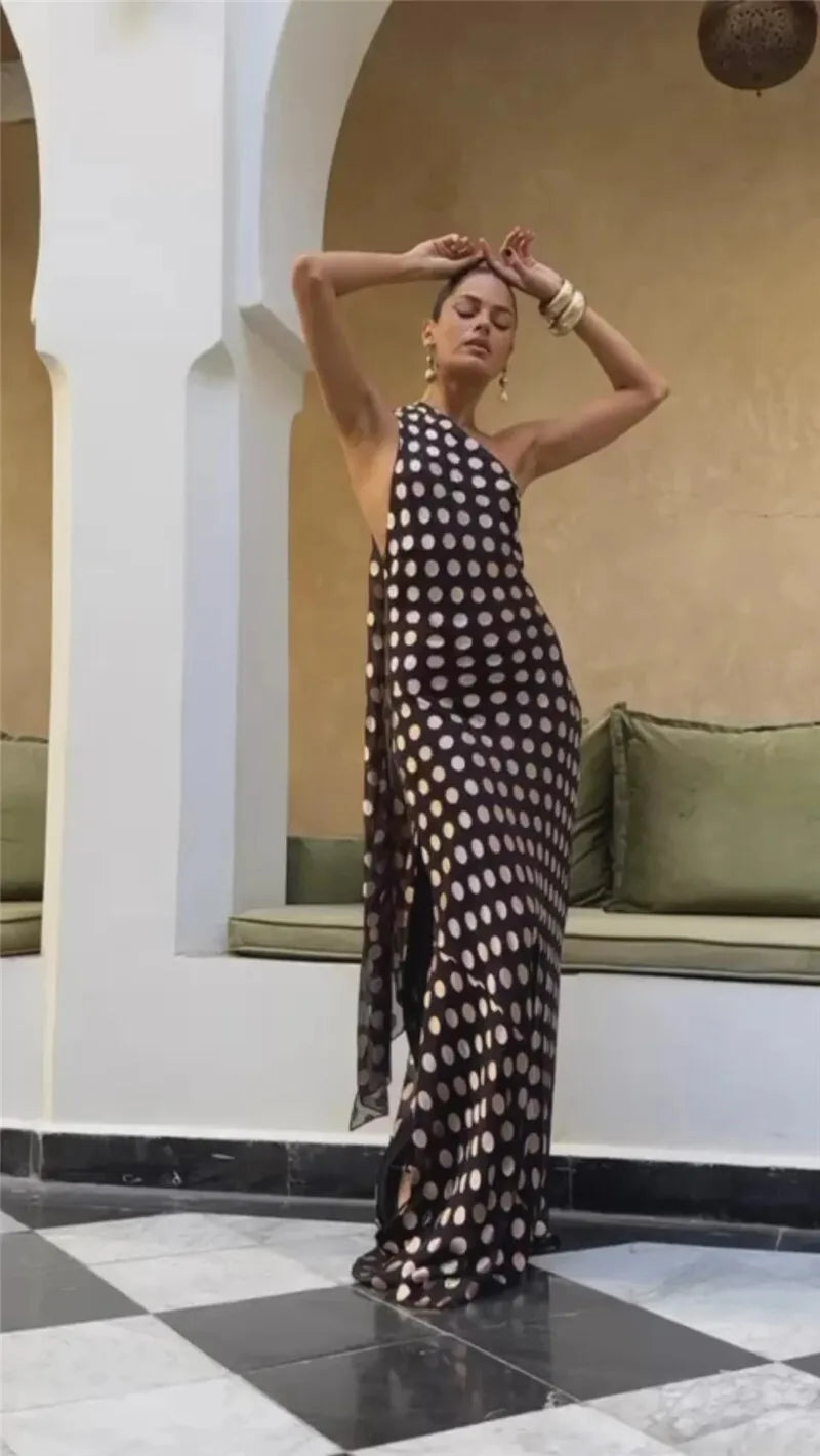 Black Polka Dot Halter Drape Midi Dress