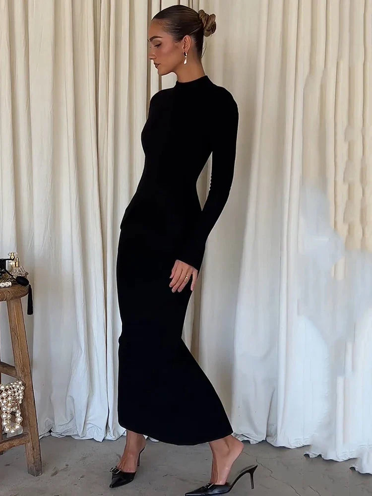 Black Long Sleeve Solid Mock Neck Maxi Dress
