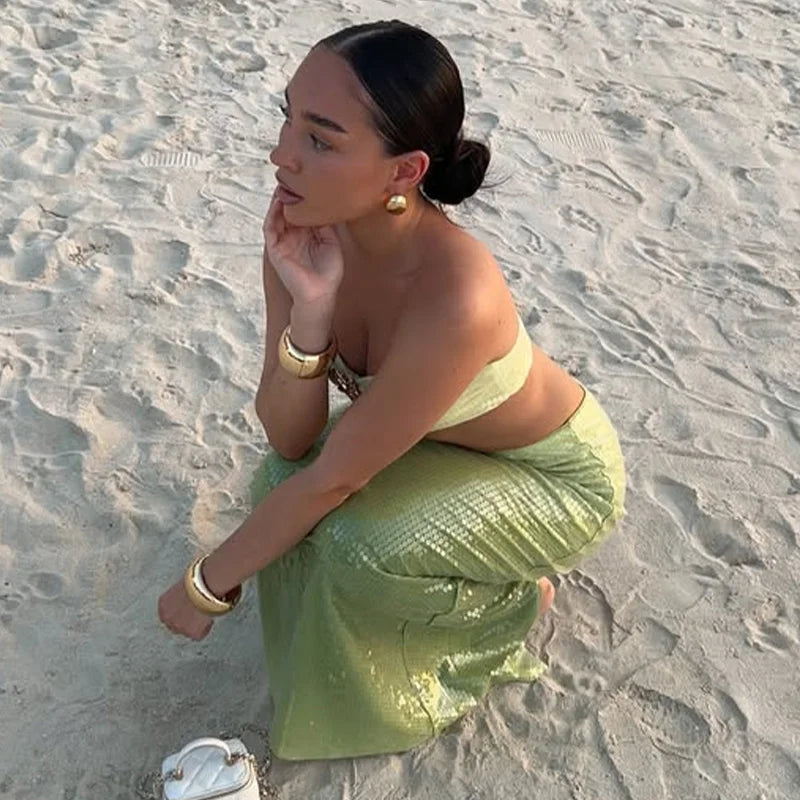 Green Ombré Starfish Sequin Bralette And Maxi Skirt Set
