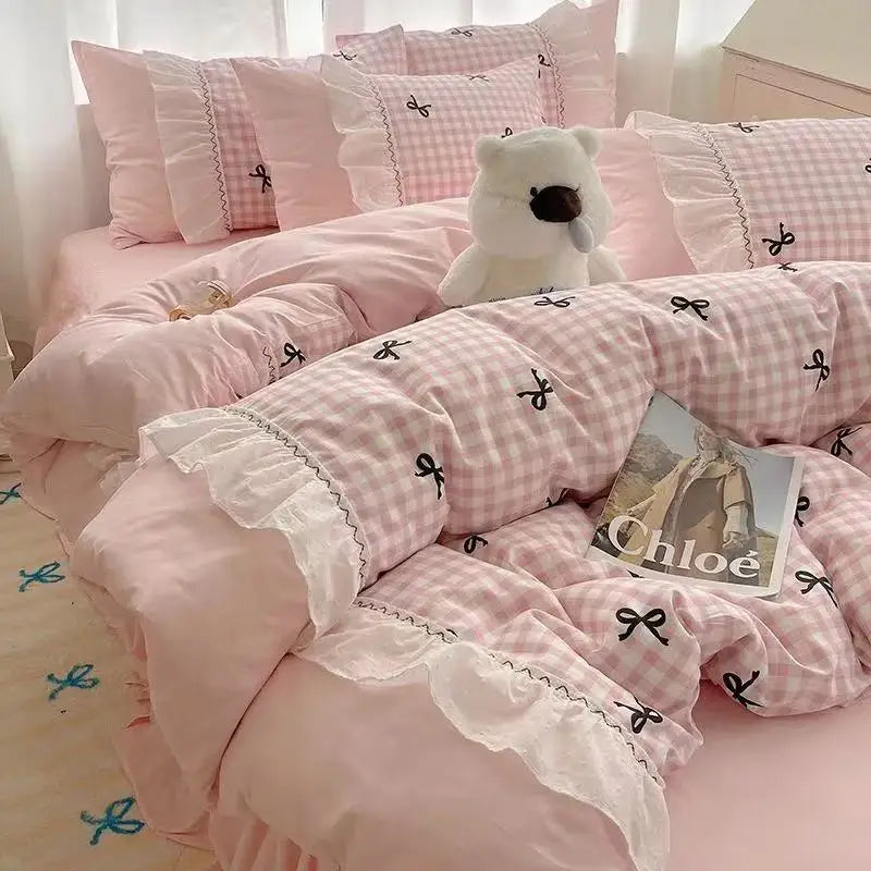 Fashion Lattice Bedding Set Bed Sheet Cute Princess AB Double Sided Ruffle Flower Quilt Cover Pillowcase Bedclothes Home Textile