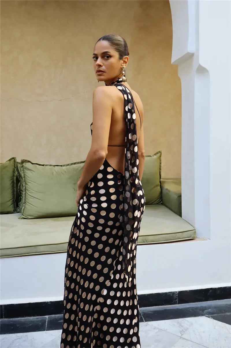 Black Polka Dot Halter Drape Midi Dress