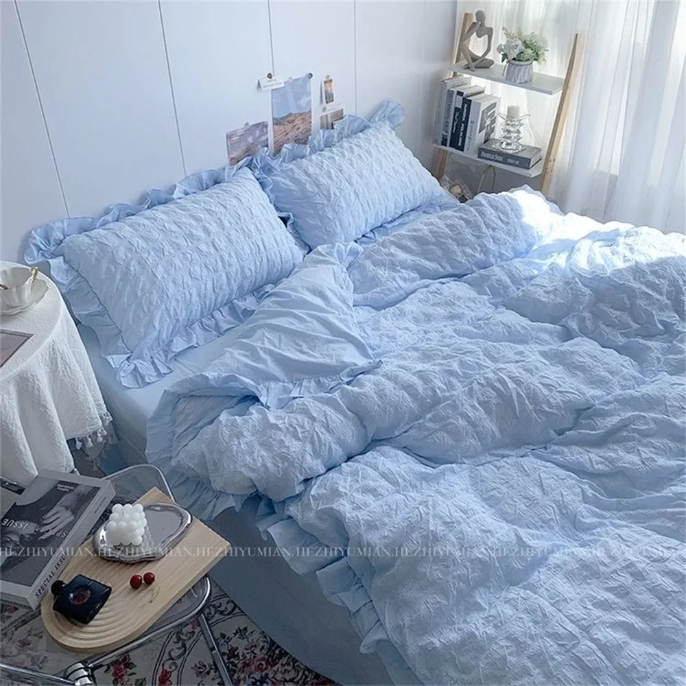 INS Girl Blue Bedding Sets Solid Color Seersucker Ruffles Lace Kawaii Soft Sheet Woman Duvet Cover Pillow Covers Quilt Cover