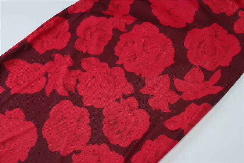 Red Floral Printed Mesh Back Tie Up Midi Dress